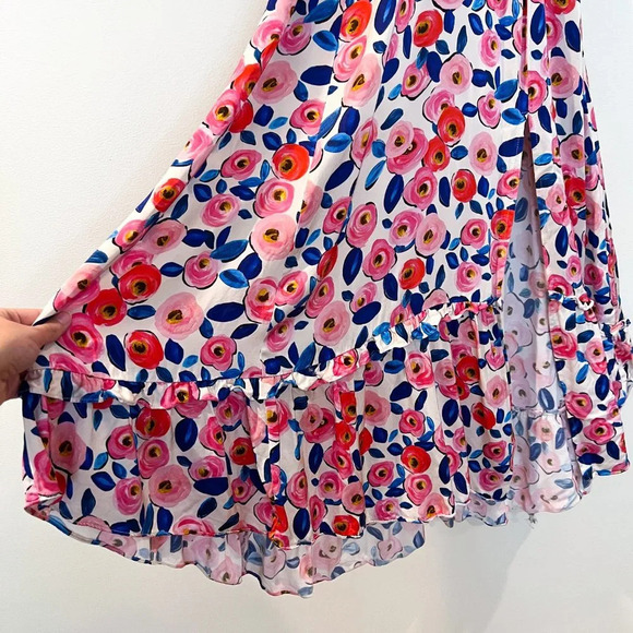 For Love & Lemons Colorful Floral Rose Print Romantic V Neck Ruffled Maxi Dress - Picture 4 of 13